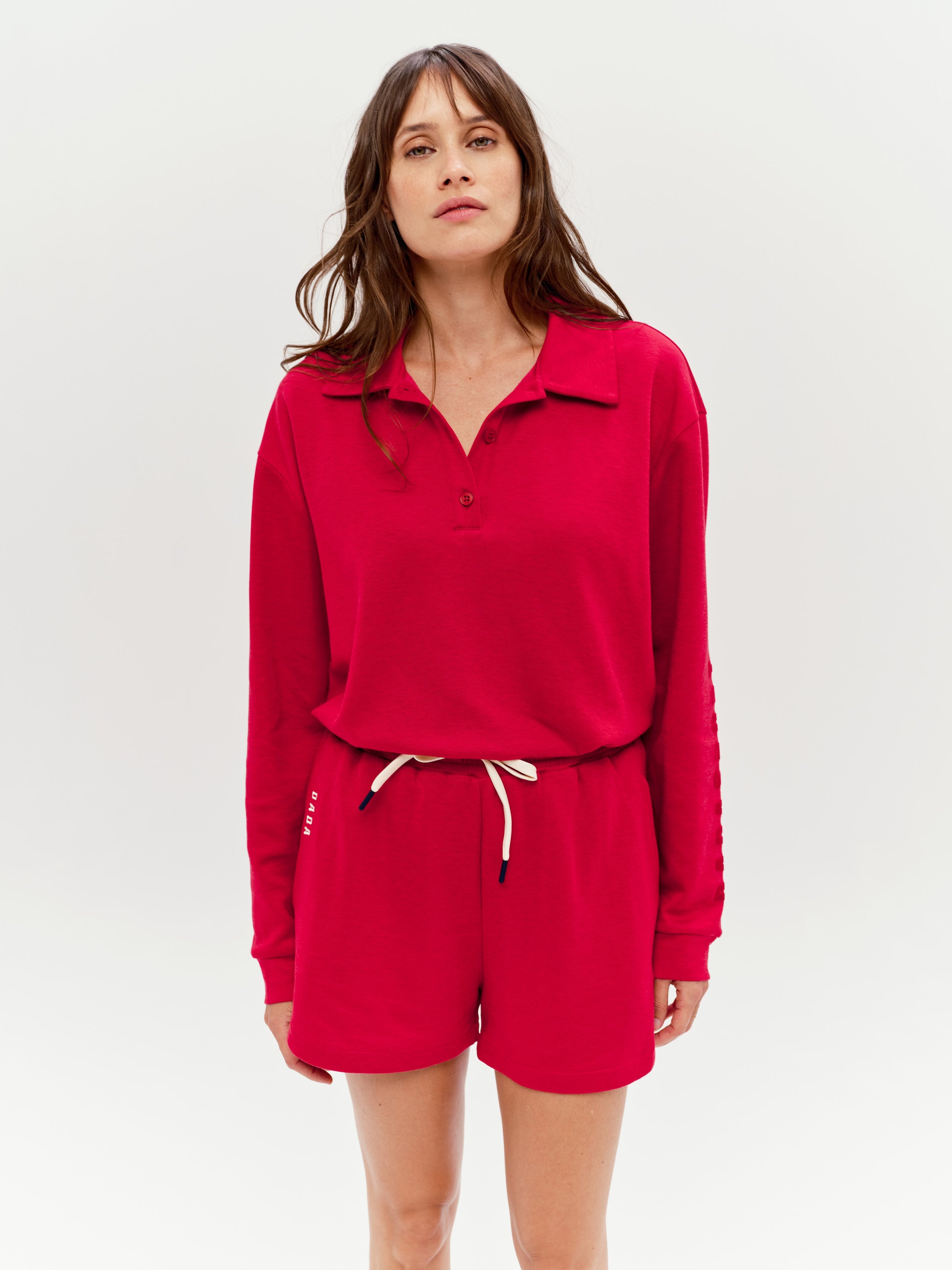 Valou Long Sleeve Polo in Cherry Red