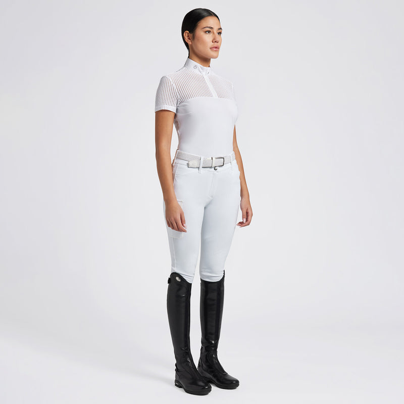 Perforated Jacquard Zip Short Sleeve Show Shirt in White