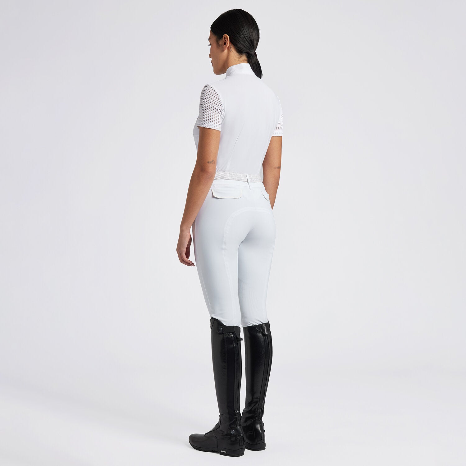 Perforated Jacquard Zip Short Sleeve Show Shirt in White