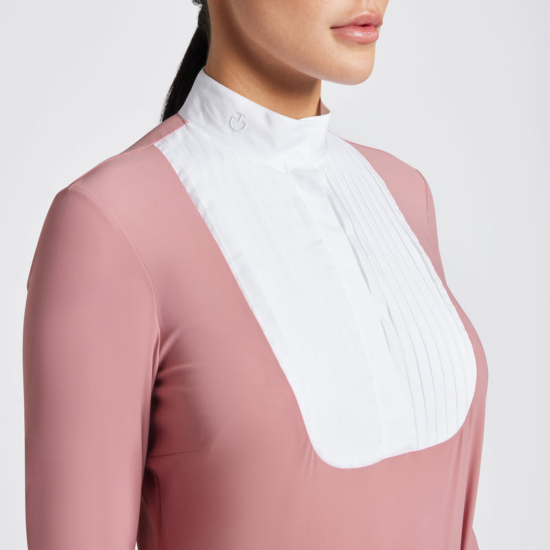 Pleated Bib Long Sleeve Show Shirt in Dusty Rose
