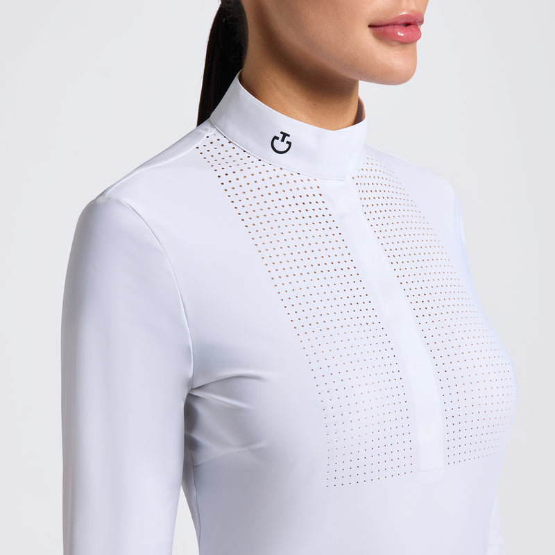 Heat-Sealed Perforated Bib Long Sleeve Show Shirt in White