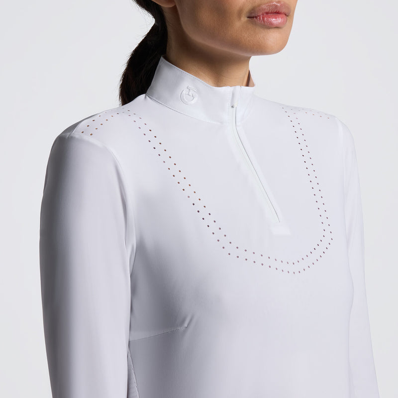Laser-Cut Technical Knit Long Sleeve Show Shirt in White