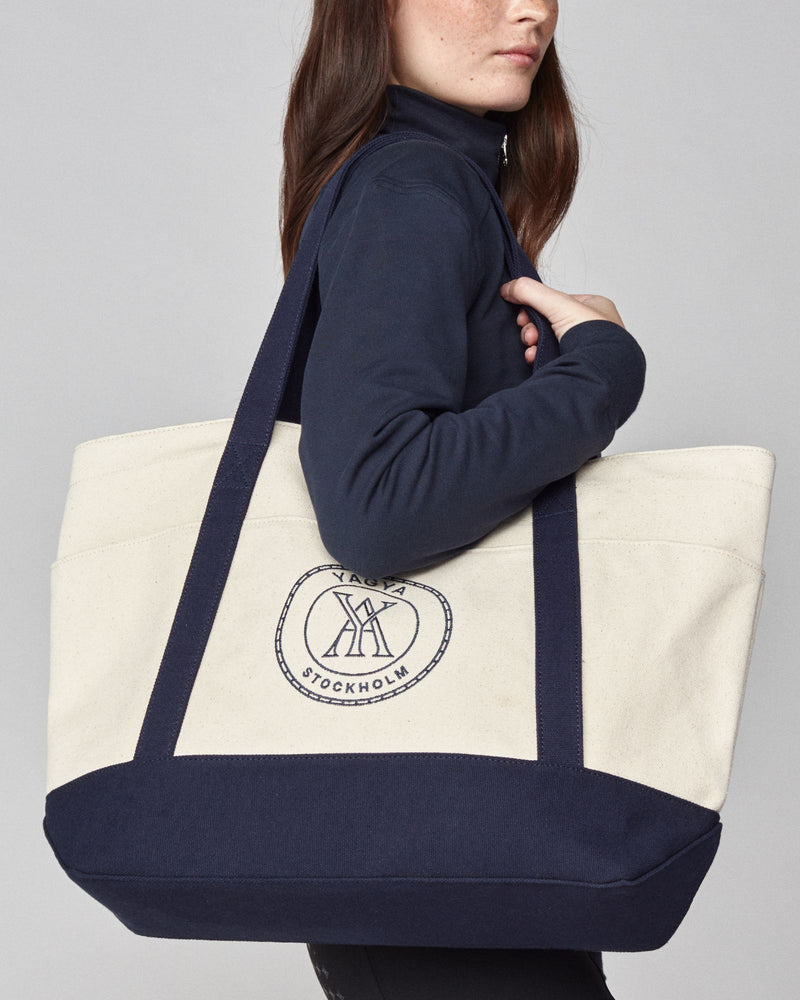 Canvas Tote Bag in Cream/Navy