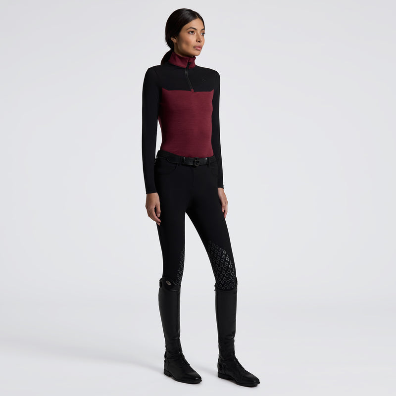 Wool Long Sleeve Zip Training Top in Bordeaux/Black