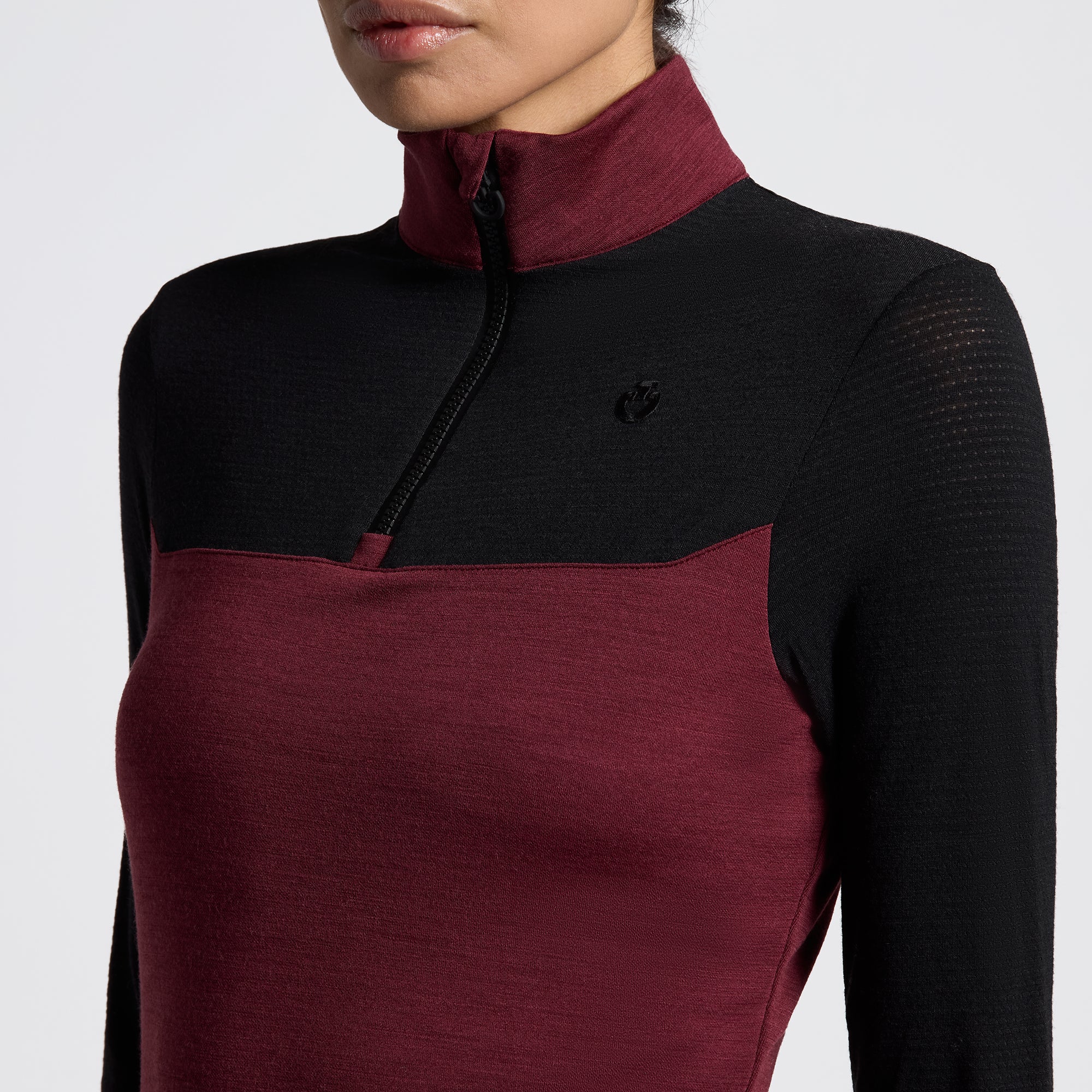Wool Long Sleeve Zip Training Top in Bordeaux/Black