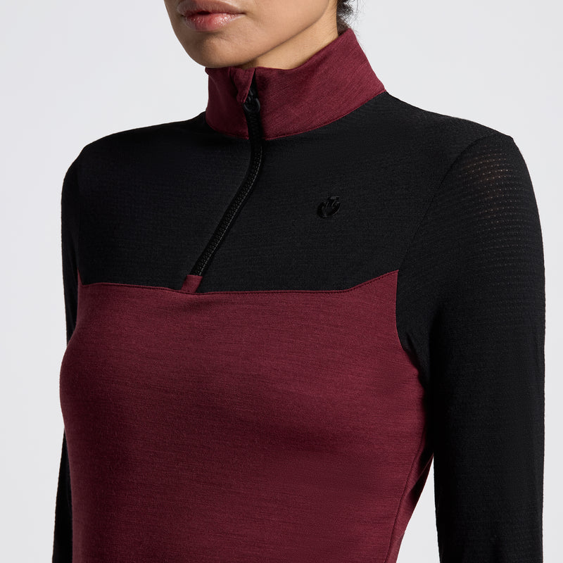Wool Long Sleeve Zip Training Top in Bordeaux/Black
