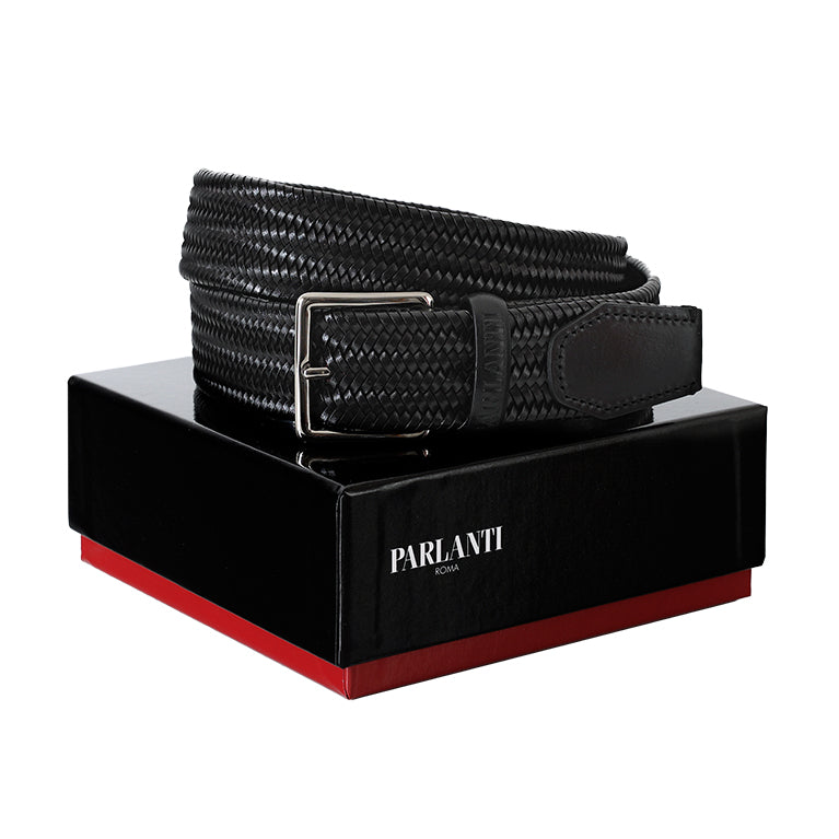 Woven Elastic Leather Belt in Black