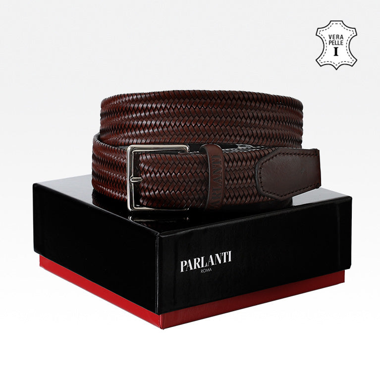 Woven Elastic Leather Belt in Brown