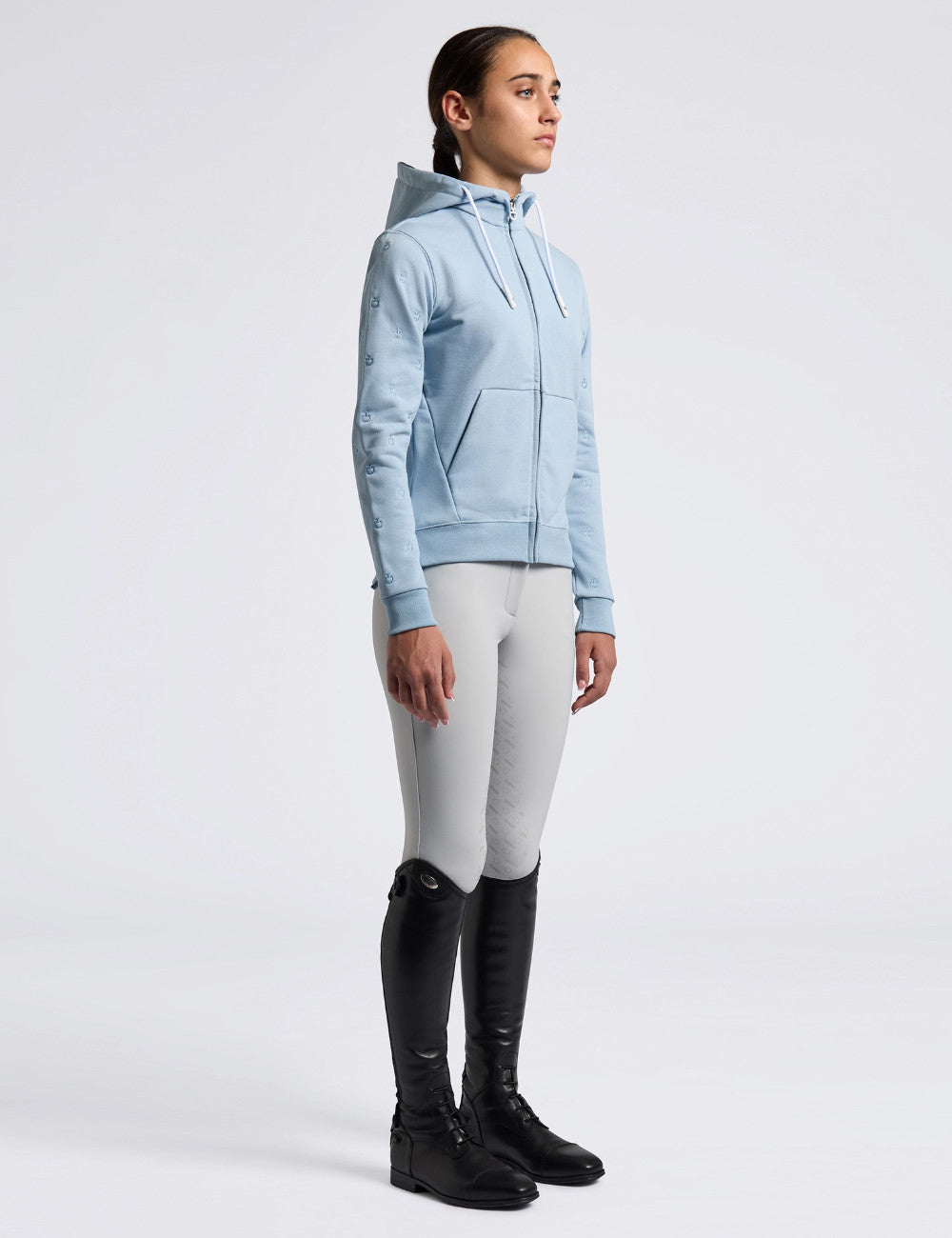 Girl's Diagonal Logo Print Zip Hoodie in Blue Fog